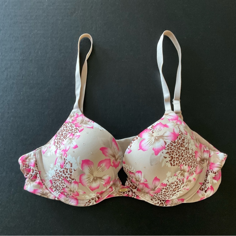 Victoria’s Secret Floral & Leopard Print Pushup Bra 36B Pink on Beige